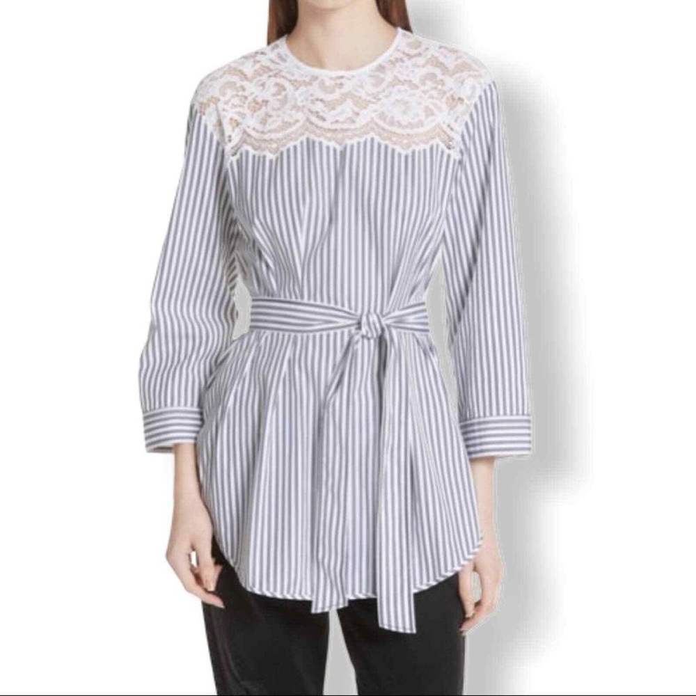 Sandro Blanc Lace Detail Stripe Cotton Tunic Top